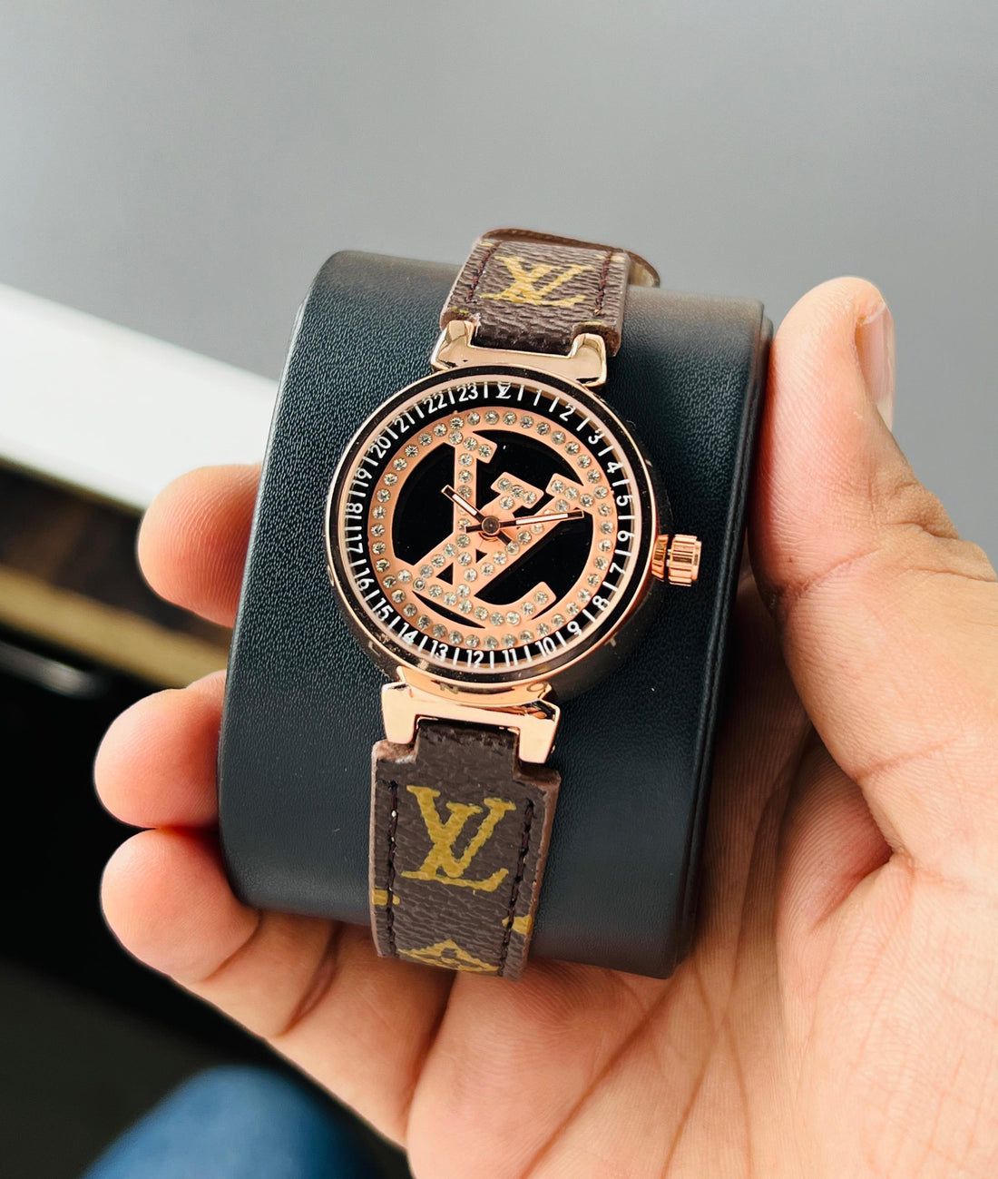 LV [ROTATING] ROSE GOLD BROWN LEATHER WATCH FOR HER