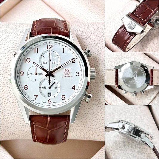 TGHUER CARRERA [CALIBRE 1887] WHITE SILVER BROWN LEATHER WATCH