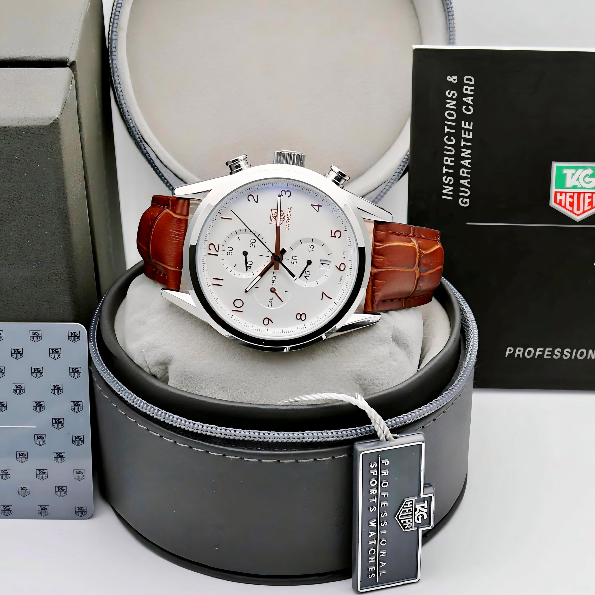 TGHUER CARRERA [CALIBRE 1887] WHITE SILVER BROWN LEATHER WATCH