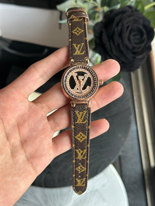 LV [ROTATING] ROSE GOLD BROWN LEATHER WATCH FOR HER