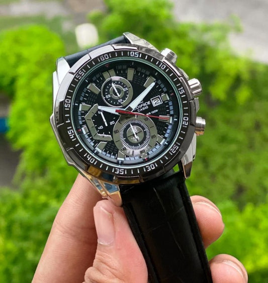 CSIO EDFC [EFR-539] SILVER BLACK LEATHER WATCH