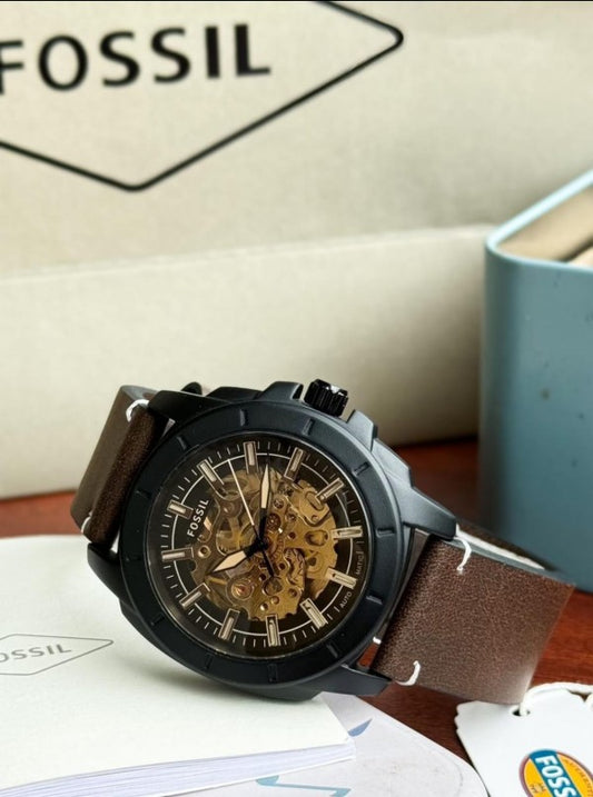 FOSL BRONSON [AUTOMATIC] GOLDEN BLACK CHOCOLATY LEATHER WATCH