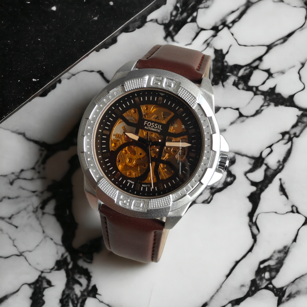 FOSL BRONSON [AUTOMATIC] GOLDEN BLACK SILVER BROWN LEATHER WATCH