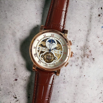 CRTIER [TURBO] WHITE GOLDEN ROSE GOLD BROWN LEATHER WATCH