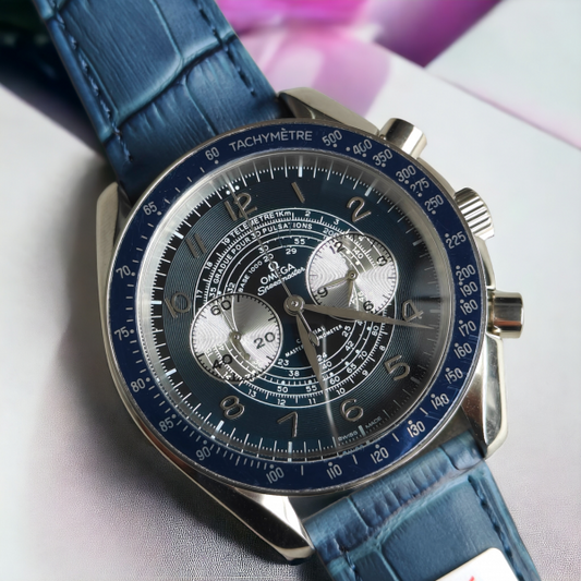 OMGA SPEEDMASTER TWO COUNTRIES SILVER BLUE LEATHER WATCH