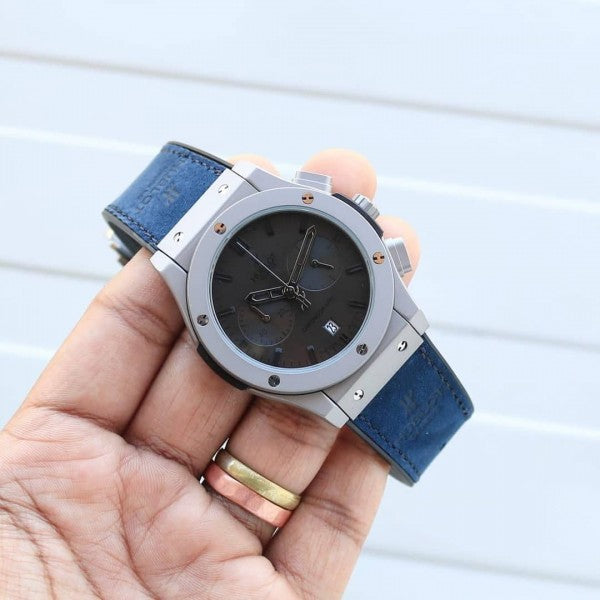 HBLOT BIG BANG CALENDER GREY BLUE SILVER LEATHER WATCH