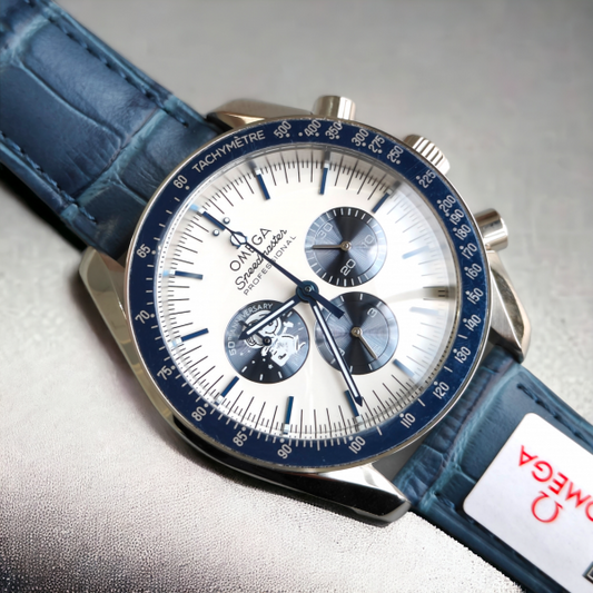 OMGA SPEEDMASTER 50 ANNIVERSARY EYE ON THE MOON LIMITED EDITION WHITE SILVER BLUE LEATHER WATCH