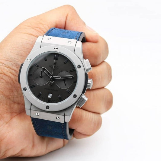 HBLOT BIG BANG CALENDER GREY BLUE SILVER LEATHER WATCH