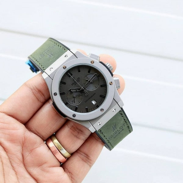 HBLOT BIG BANG CALENDER GREY SILVER GREEN LEATHER WATCH