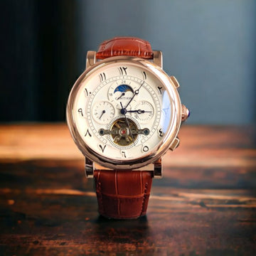 CRTIER [TURBO] WHITE ROSE GOLD BROWN LEATHER WATCH