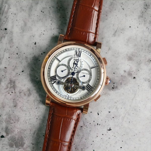 CRTIER [TURBO] WHITE ROSE GOLD BROWN LEATHER WATCH