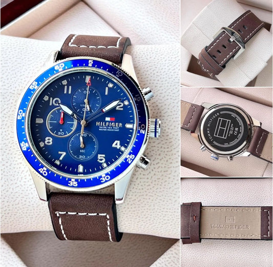 TMY HFR BLUE SILVER BROWN LEATHER WATCH