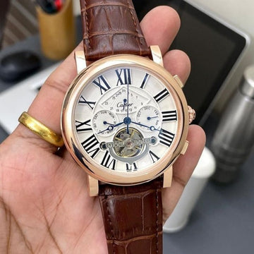 CRTIER [TURBO] WHITE ROSE GOLD BROWN LEATHER WATCH