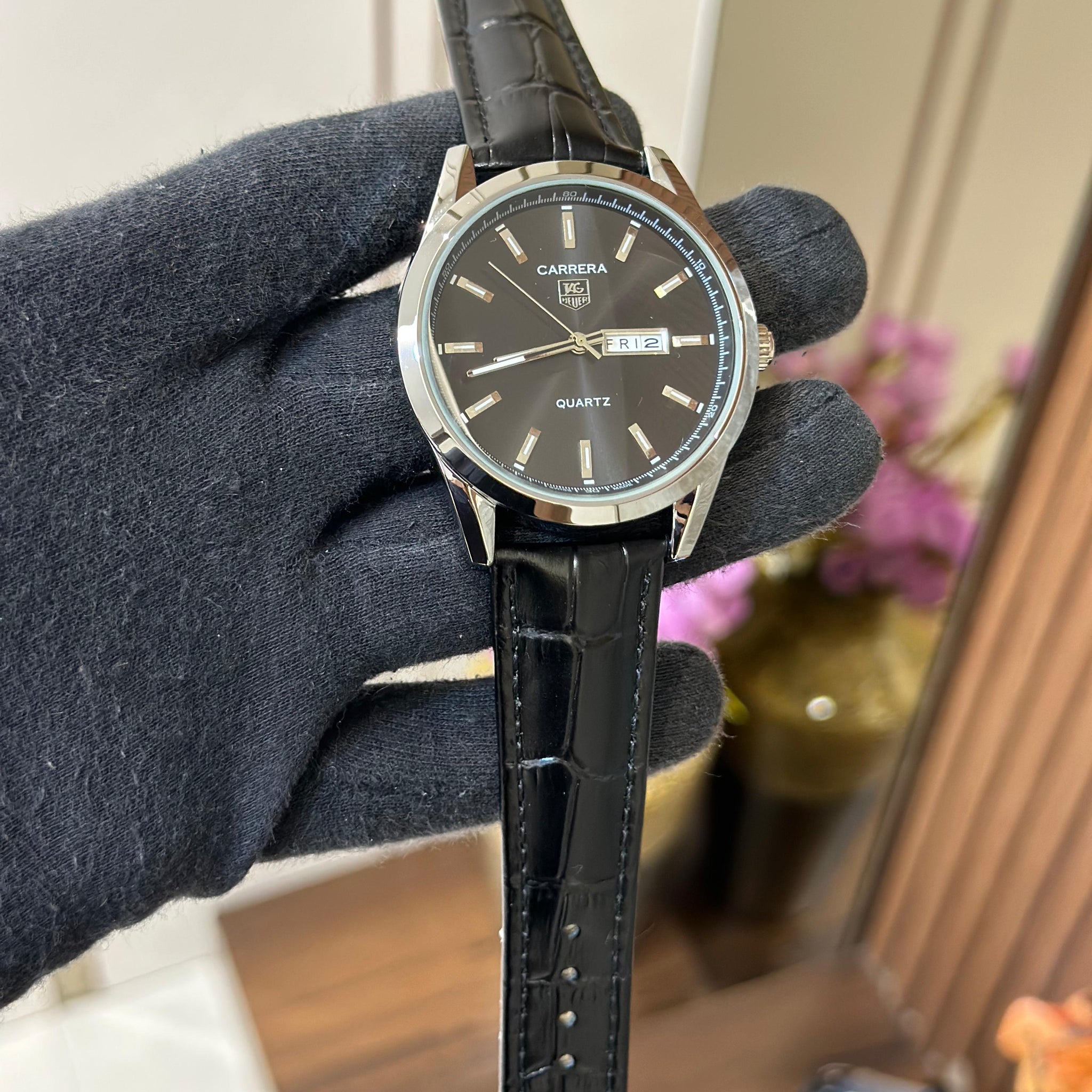 TGHUER CARRERA [QUARTZ] SILVER BLACK LEATHER WATCH