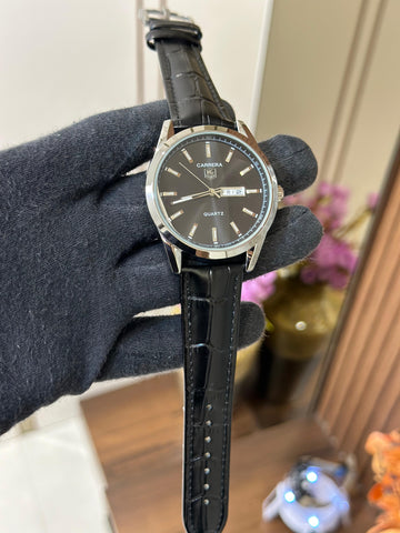 TGHUER CARRERA [QUARTZ] SILVER BLACK LEATHER WATCH