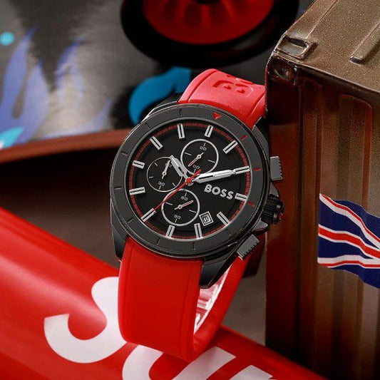 HG BSS [CHRONOGRAPH] BLACK SILVER RED SILICON WATCH