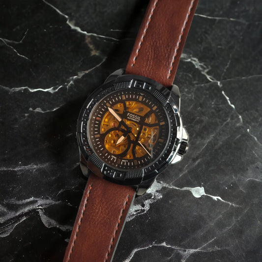 FOSL BRONSON [AUTOMATIC] GOLDEN BLACK BROWN LEATHER WATCH