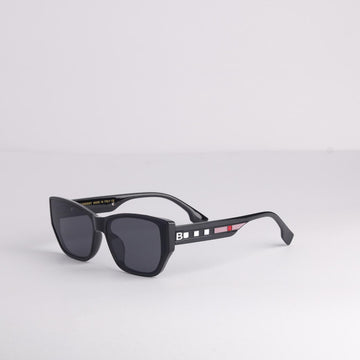 Black sunglasses with a brand logo on a light gray background